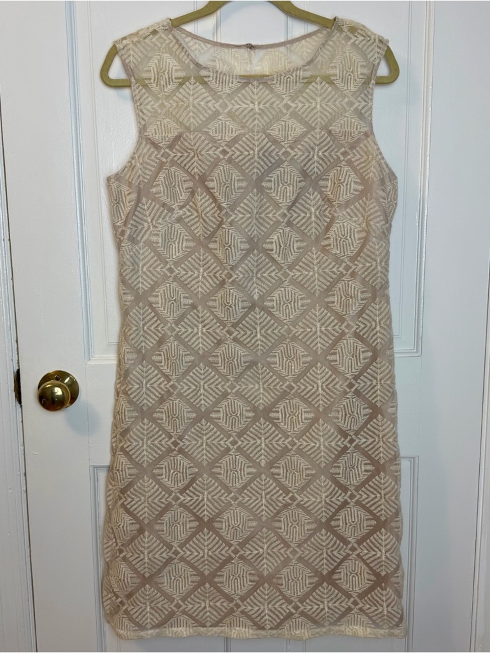 Adrianna Papell Cream Knee Length Dress with Sheer Geometric Overlay, Size 10